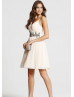 Champagne Chiffon Spaghetti Straps Beads Short Prom Dress 